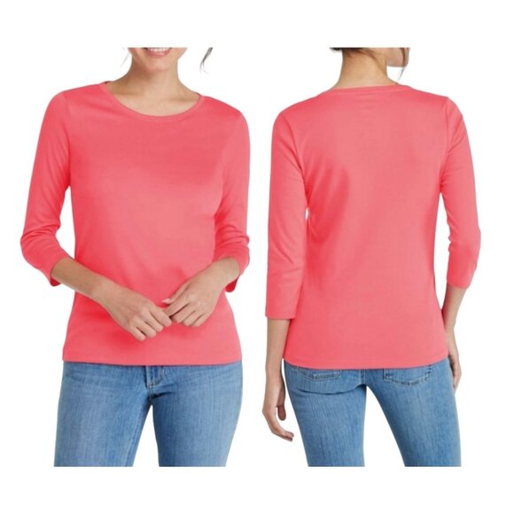 L.L. Bean Womens Pima Cotton Shaped Tee 3/4 Sleeve Sunit Coral Large Petite - Picture 1 of 12
